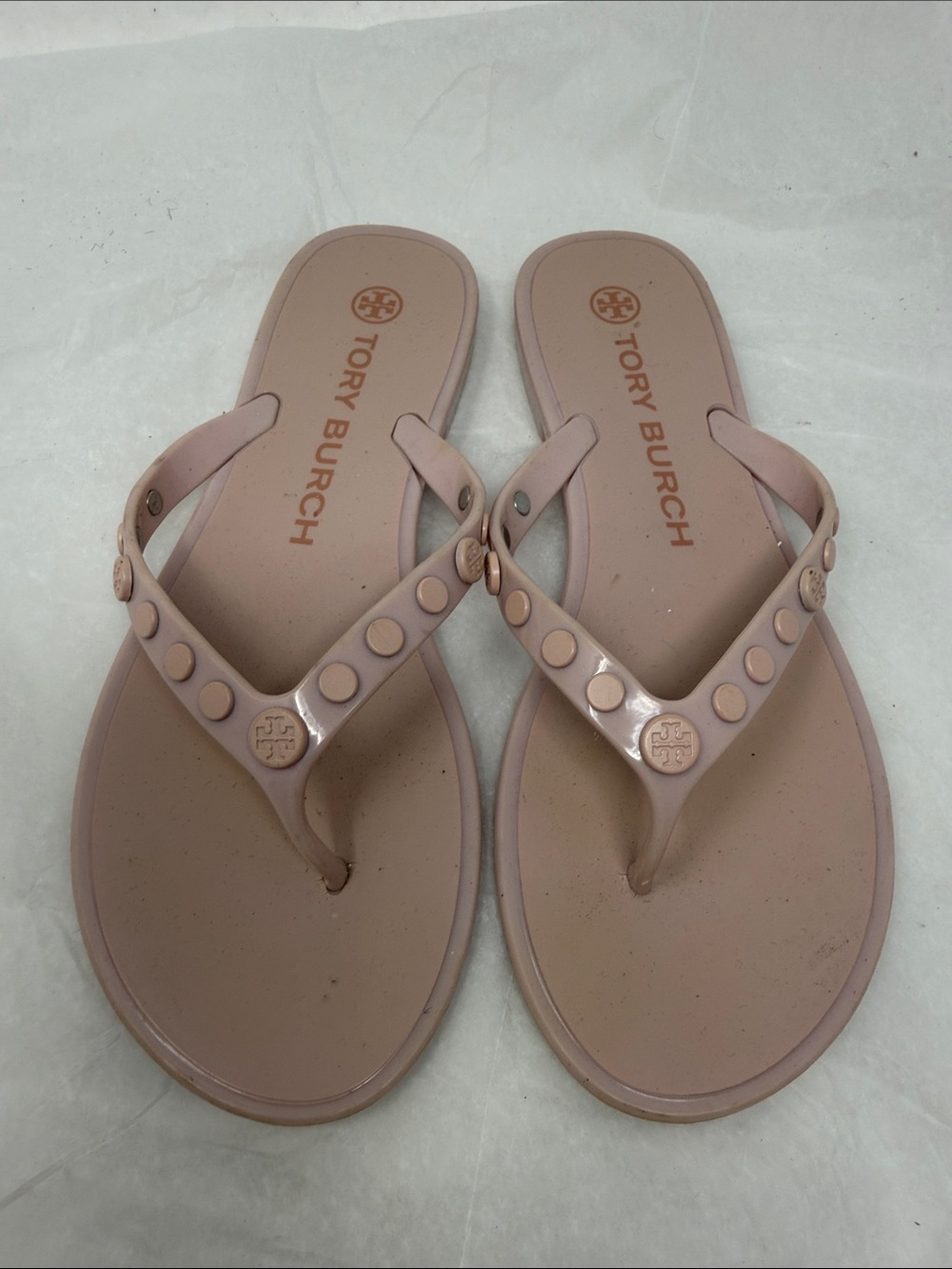 Tory Burch Blush Pink Logo Stud Jelly Flip Flops Size 7
